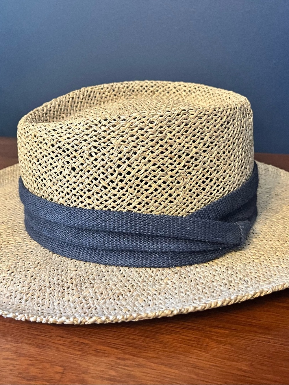 Classic Straw Summer Club Hat with Navy Accent Sz L/XL